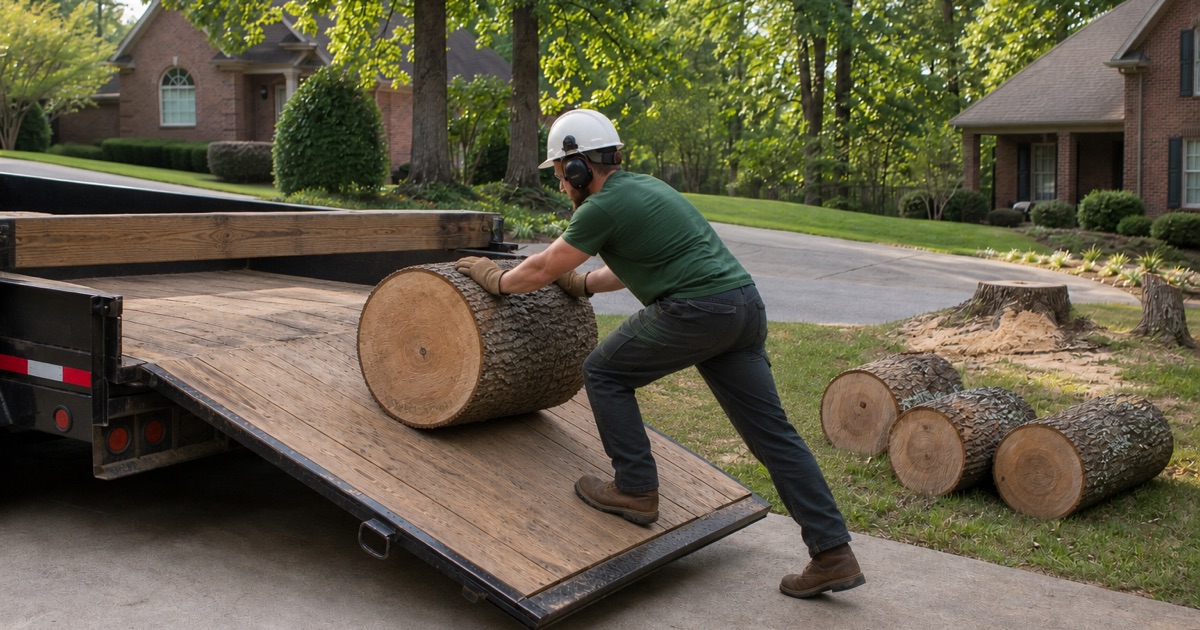 Worker rolling white oak rounds onto the dropped tailboard of the crew’s trailer at the end of a Hendersonville job.