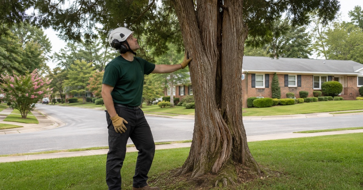 Worker with a hand on the bole of an eastern red cedar in a Hendersonville front lawn, reading a split union high on the stem.