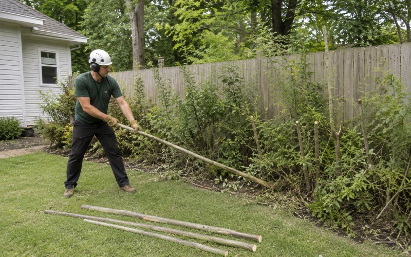 Worker dragging a cut hackberry stem out of an overgrown shrub border on a Hendersonville fence line.