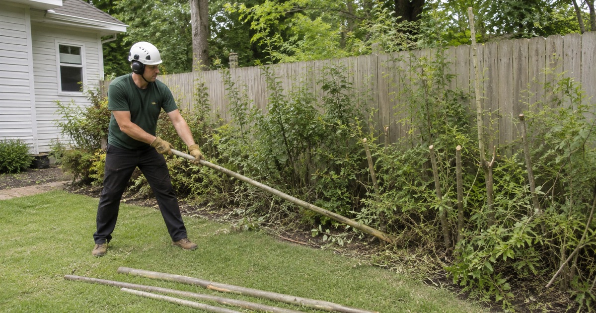 Worker dragging a cut hackberry stem out of an overgrown shrub border on a Hendersonville fence line.