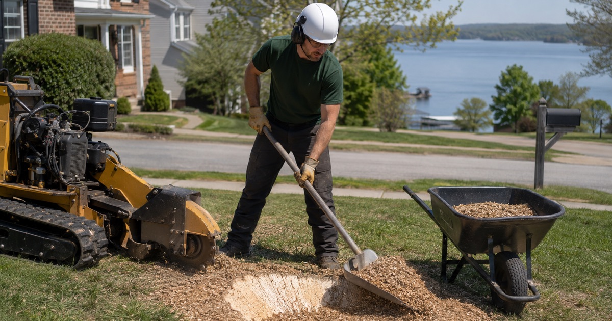 Worker filling the open bowl of a ground tulip poplar stump level with its own grindings at the end of a Hendersonville job, the lake behind.