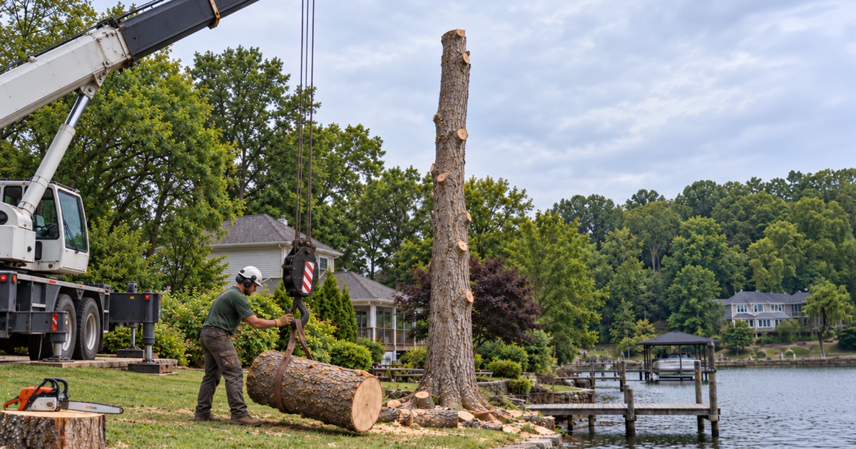 Worker walking the landed crane hook block toward a choked tulip poplar section in a Hendersonville lakefront back yard, the boom reaching over the roof.
