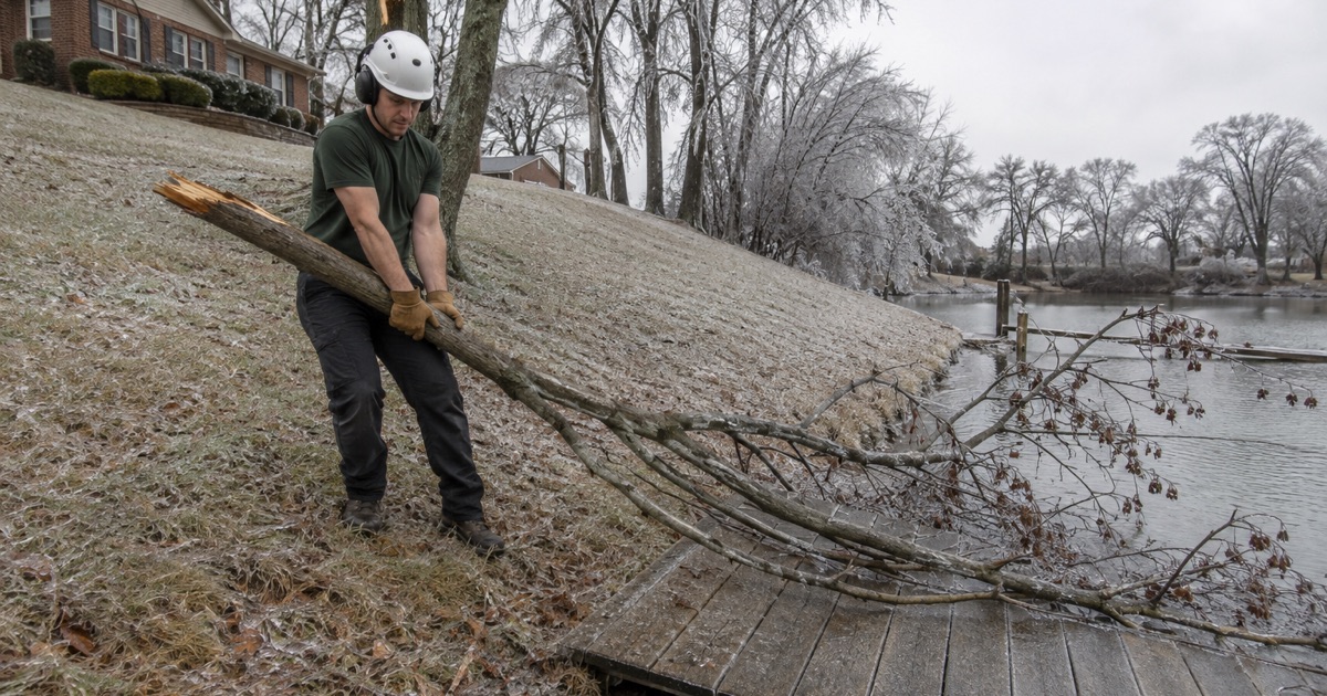 Worker dragging a honey locust limb up the bank off a lakeside dock ramp the morning after an ice storm in Hendersonville.