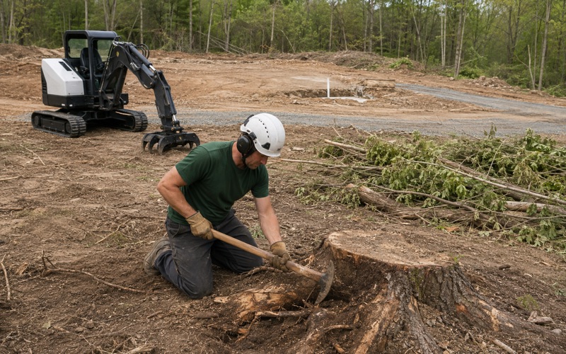 Worker cutting a surface root with a mattock at the edge of a cleared strip on a Hendersonville building lot, the tracked carrier parked with its grapple down.