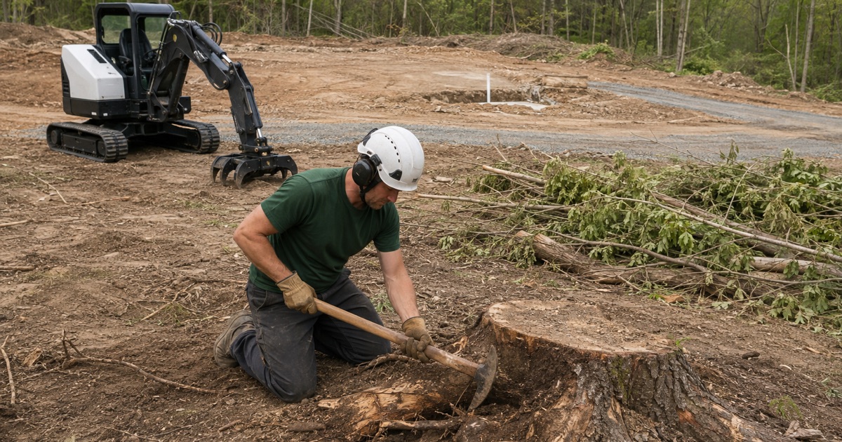 Worker cutting a surface root with a mattock at the edge of a cleared strip on a Hendersonville building lot, the tracked carrier parked with its grapple down.