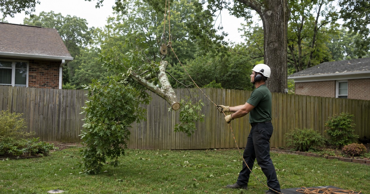 Worker running the lowering rope as a sweetgum limb overhanging a Hendersonville boundary comes down on his own side of the fence.