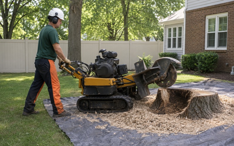 Worker repositioning a tracked grinder over a white oak stump in a Hendersonville lawn, the open hole showing deep dark loam with no rock in it.