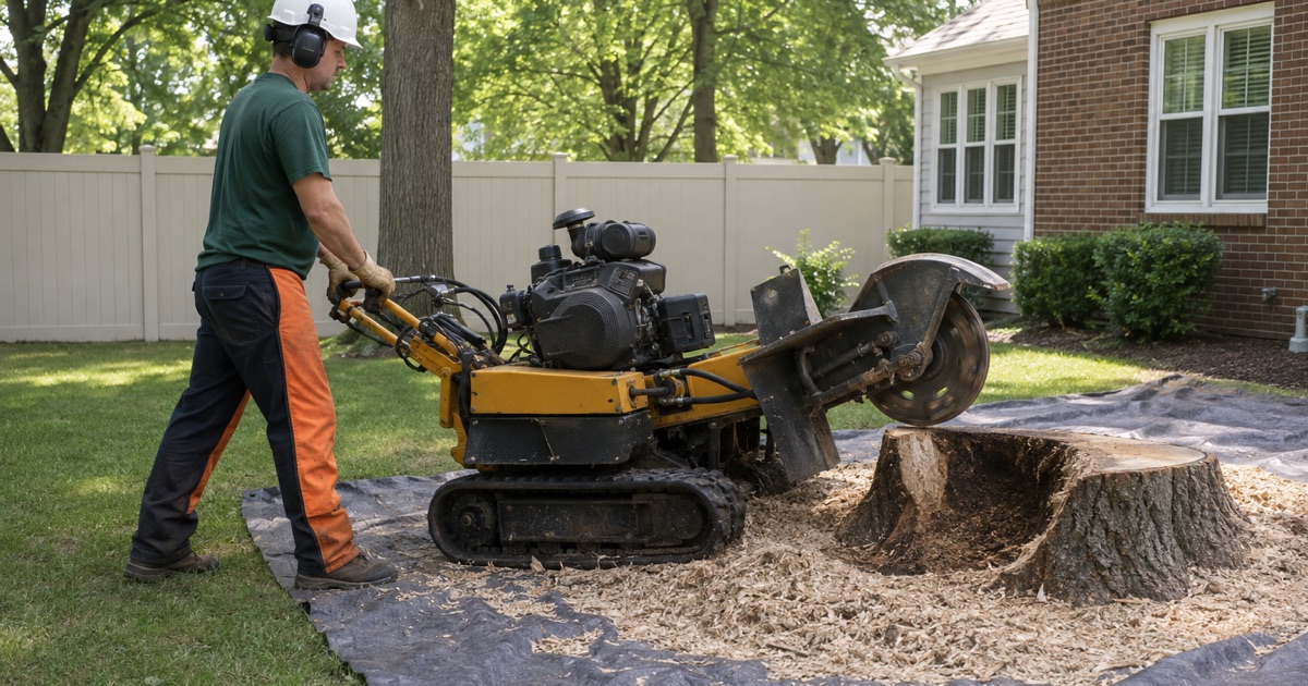 Worker repositioning a tracked grinder over a white oak stump in a Hendersonville lawn, the open hole showing deep dark loam with no rock in it.