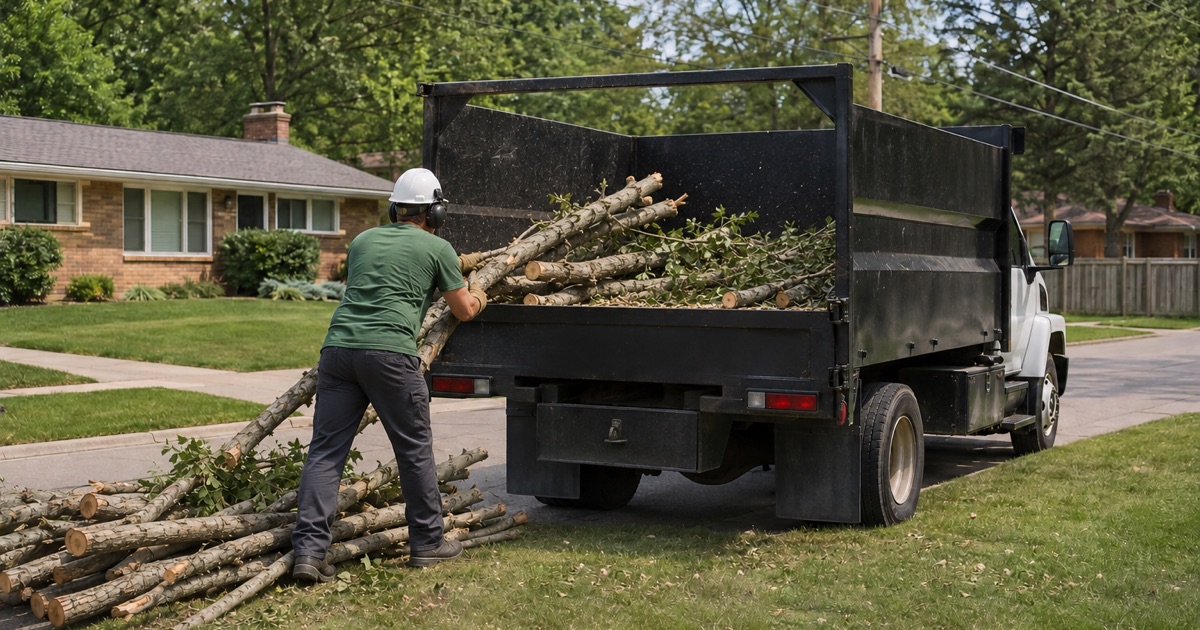 Worker loading white oak limb wood into the crew’s own chip box at a Hendersonville curb, the pile kept clean of everything but wood.