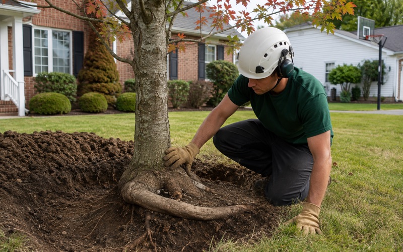 Worker at the opened root flare of a red maple in Hendersonville, a girdling root exposed where the tree was planted too deep.