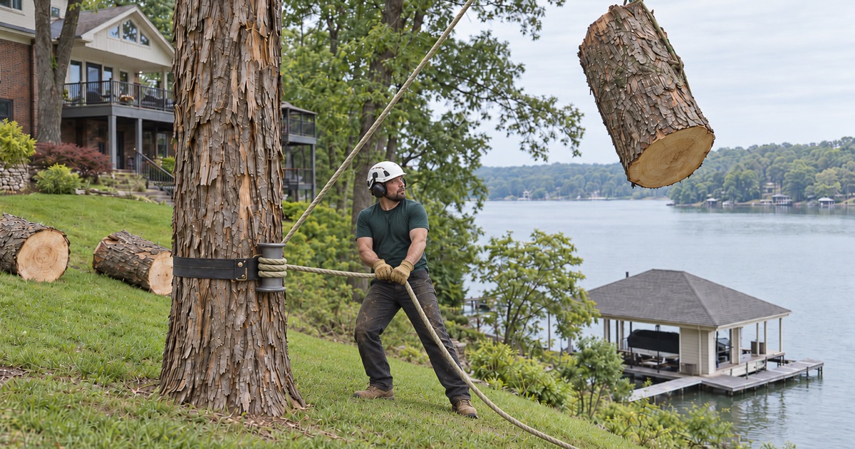 Worker holding three wraps on the bollard at the base of a shagbark hickory spar on an Old Hickory Lake back lawn as a section comes down clear of the boathouse roof.
