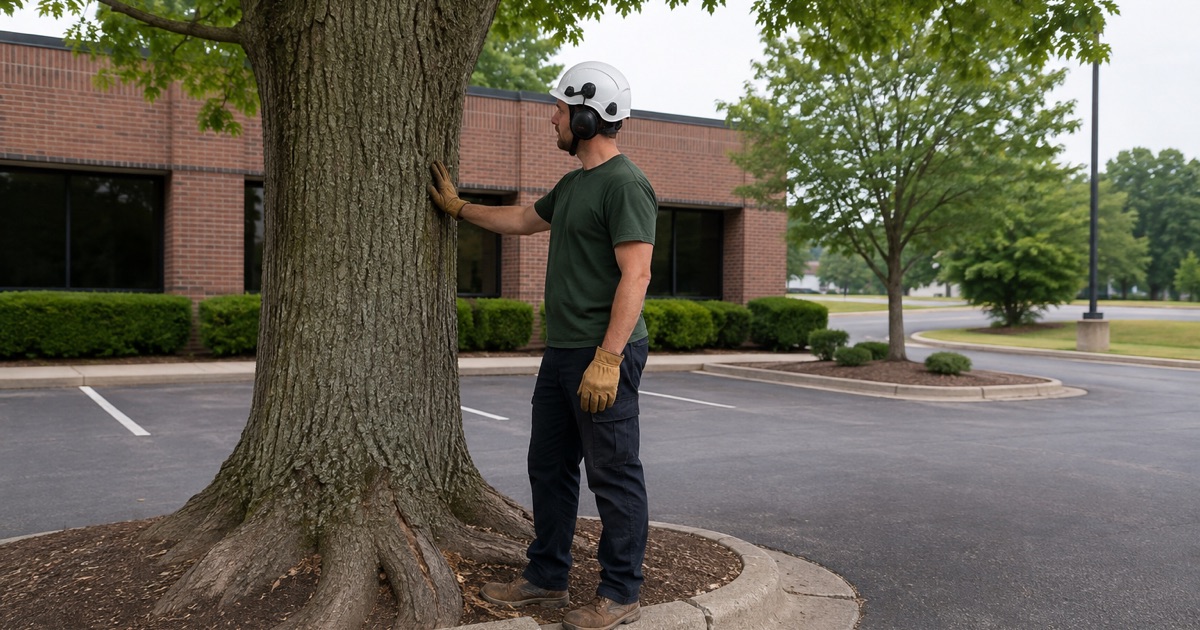 Worker with a hand on the trunk of a large sugar maple in a commercial parking island in Hendersonville, where the removal rule reaches ten inches and up.