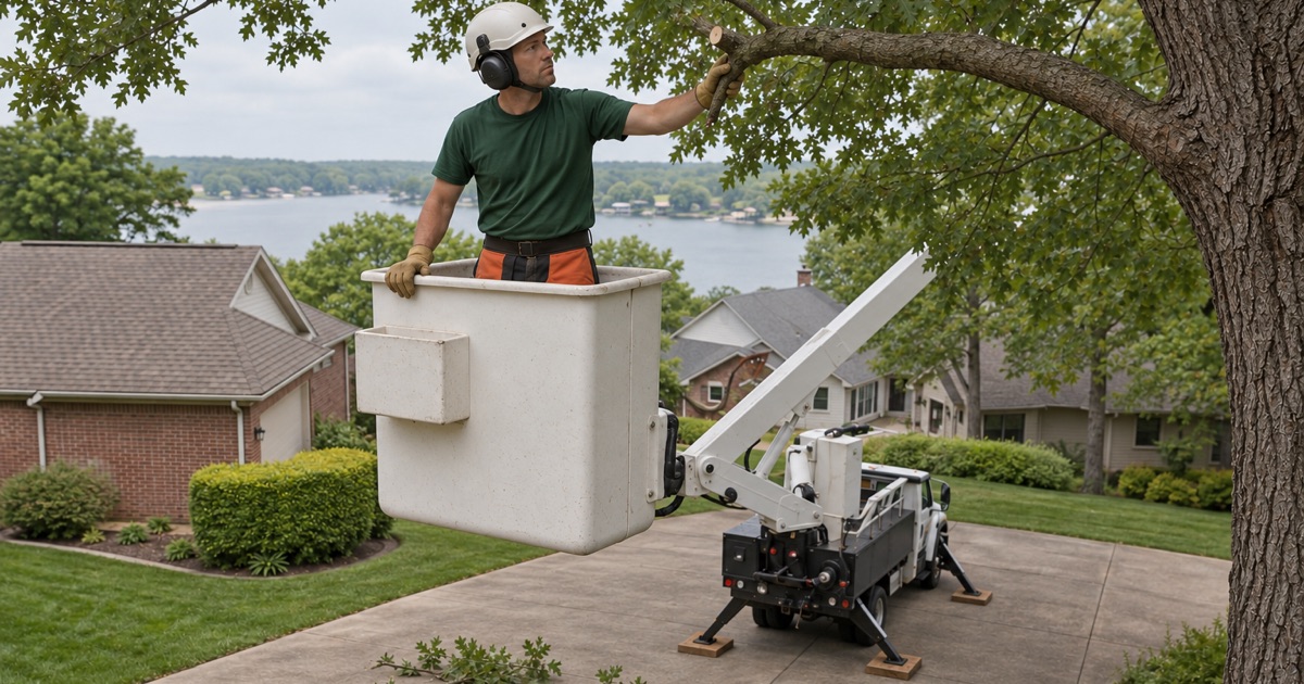 Worker in an aerial bucket taking deadwood out of a northern red oak over a lakefront driveway in Hendersonville.